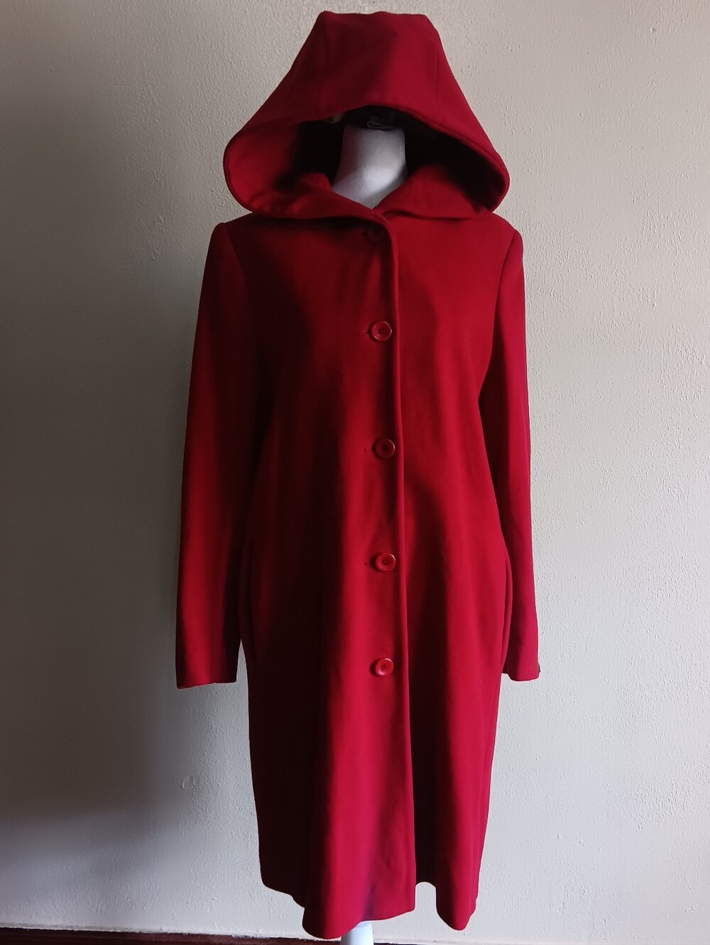 80% Lambswool Blend Long Red Vintage Button Up Hooded Women Coat Sz. 6